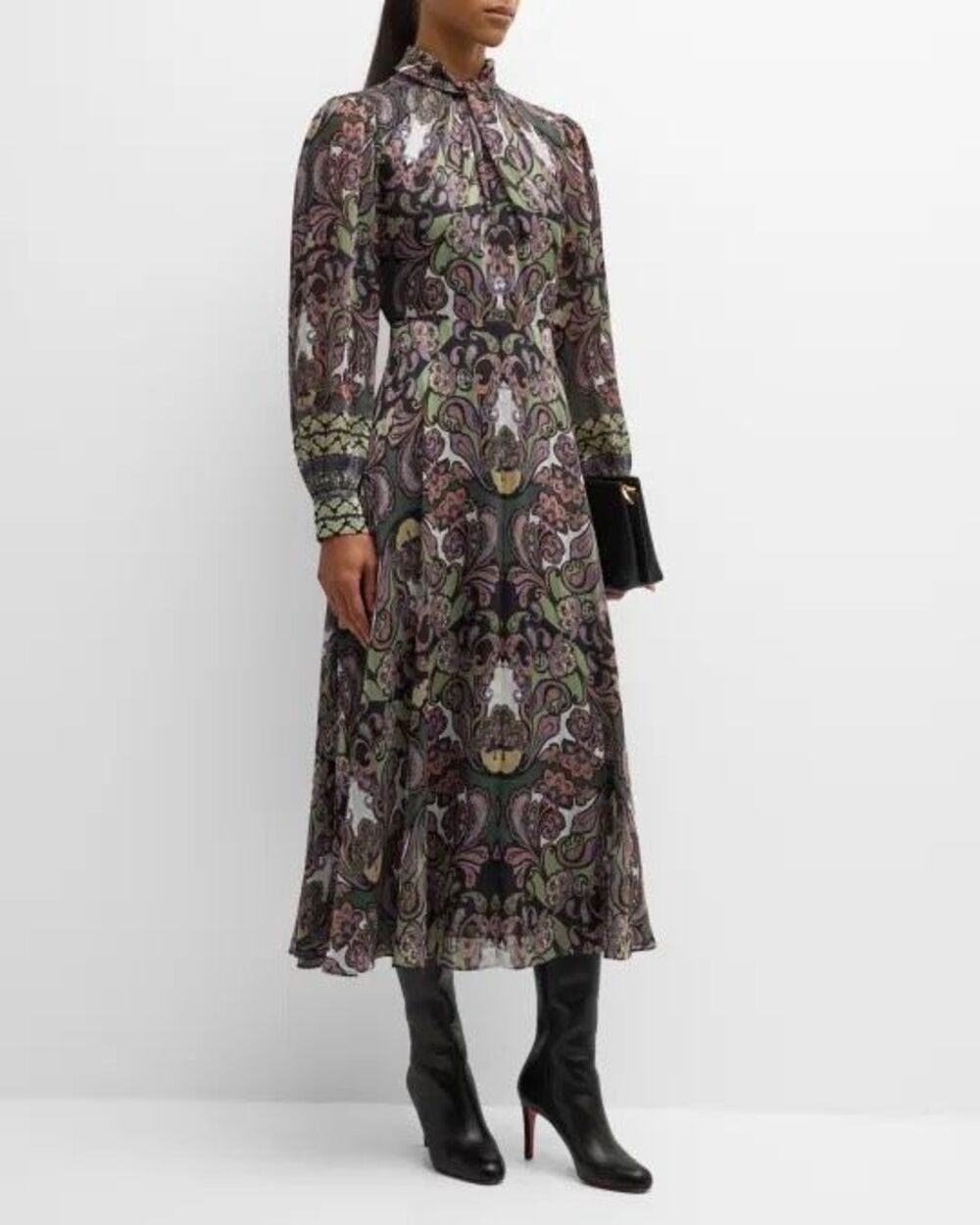 Elie Tahari The Raquel Tie-Neck Paisley-Print Midi Dress Green Multi Size 6